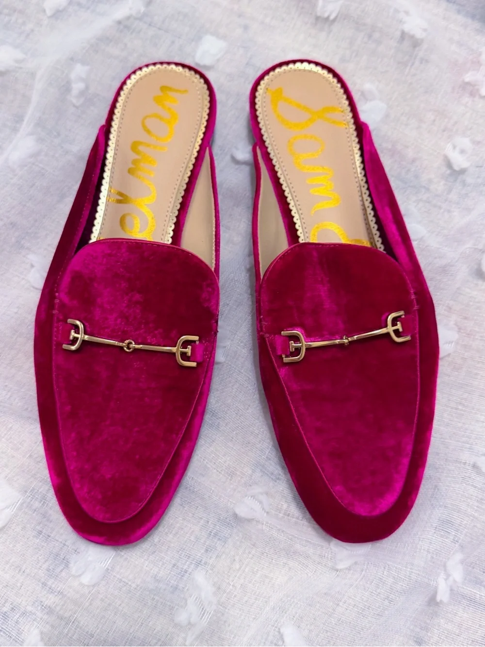 New! Sam Edelman Pink Velvet Backless Loafers in Fuchsia with Gold Bit